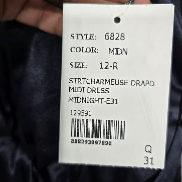 After Six 6828 Midnight Blue Charmeuse Faux Wrap Midi Dress Tulip Skirt 12R - Picture 9 of 9